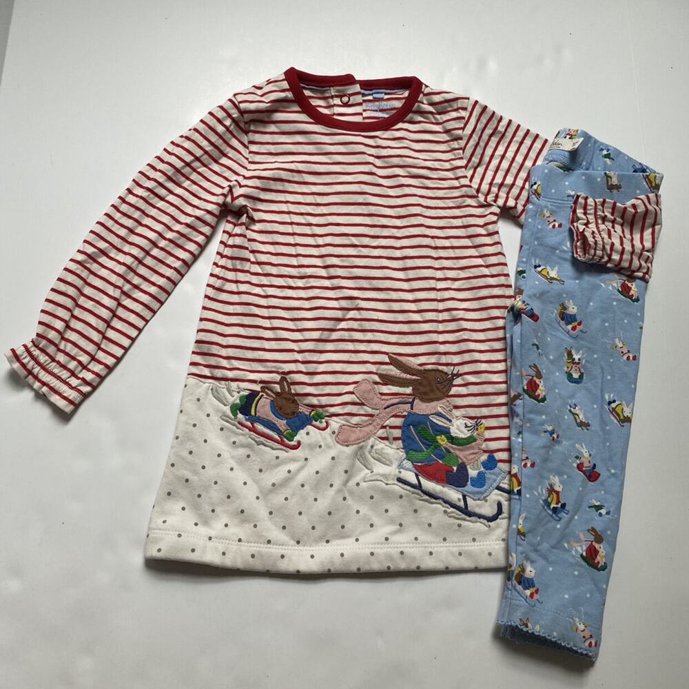 Baby Boden Red Striped Appliqué Sledding Dress Matching Pants Playset